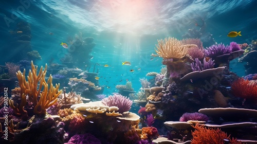 Underwater panorama of coral reef and tropical fish. Seascape of underwater world.