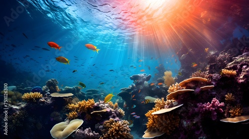 Underwater panoramic view of coral reef with fishes and sunlight © Iman
