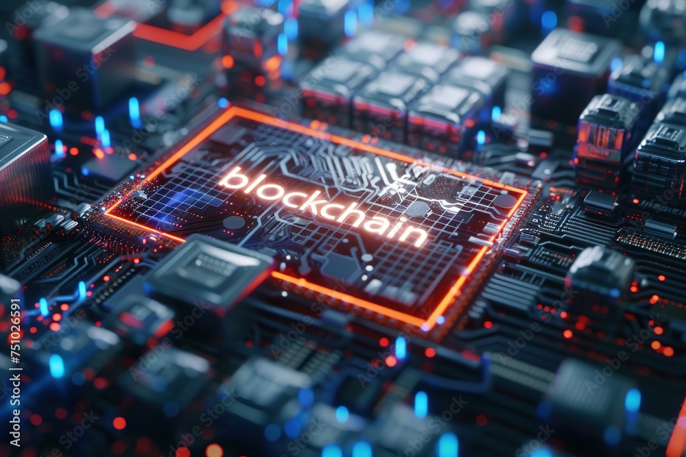 Close-up view of an electronic circuit board, blockchain, computer processor, microchip, technology, hardware, data storage technology, Data Structure, networked through computer encryption.