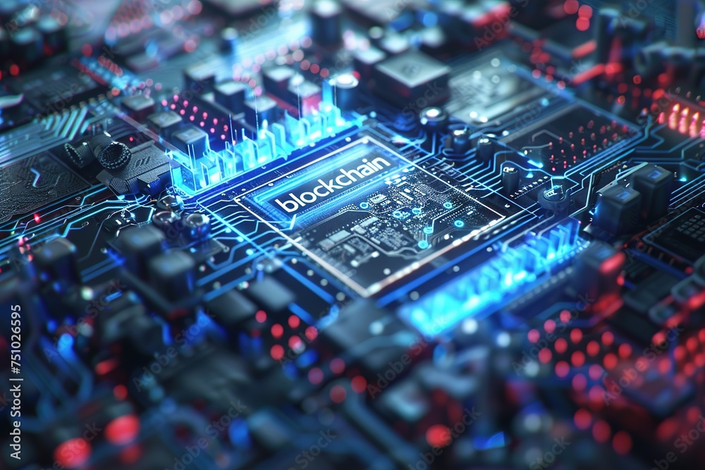  Close-up view of an electronic circuit board, blockchain, computer processor, microchip, technology, hardware, data storage technology, Data Structure, networked through computer encryption.