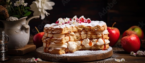 A variety of treats, including apple chiffon biscuit and sponge cake, are neatly stacked on a rustic wooden table. The warm, earthy tones of the table contrast with the vibrant colors of the food