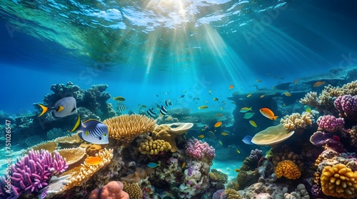 Underwater panorama of coral reef and fish in Red Sea.