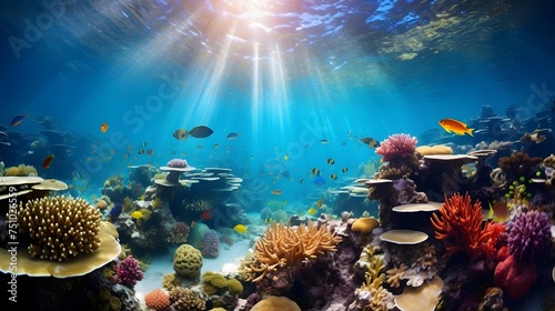 Underwater panorama of a coral reef with fishes and corals