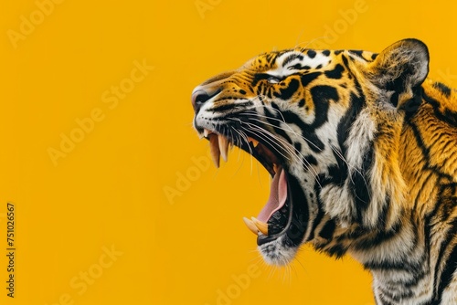 Closeup portrait of roaring big tiger isolated on bright yellow background. Angry wild predator with open mouth showing canines. Powerful animal, wildlife, zoo, nature concept. Vibrant colored image