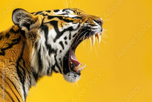 Roaring big tiger closeup portrait on bright yellow background. Angry powerful wild animal with open mouth. Wildlife  zoo  nature concept for Chinese New Year 2022. Vibrant colored image for print