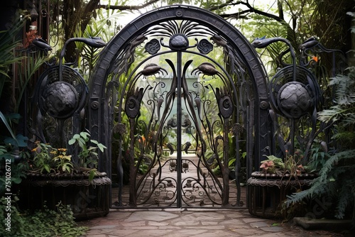 Iron Gate Elegance: Home Garden with Ornate Ironwork Structures and Bird Designs
