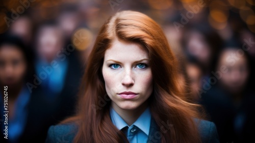 a woman with red hair and blue eyes