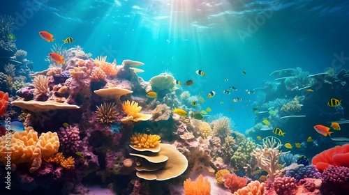 Coral reef and fish. Underwater panoramic view.