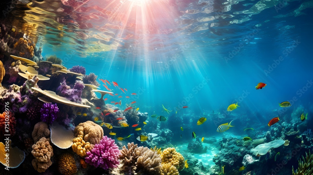 Underwater panorama of coral reef with fishes and corals, underwater panorama