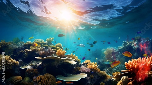 Underwater panorama of coral reef and tropical fish at sunset. © Iman