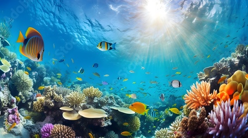 Underwater panorama of coral reef with fishes and corals. © Iman