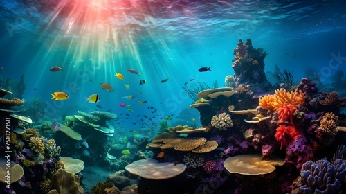 Underwater panoramic view of coral reef, fish and sunlight © Iman