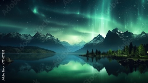 a lake with mountains and green lights