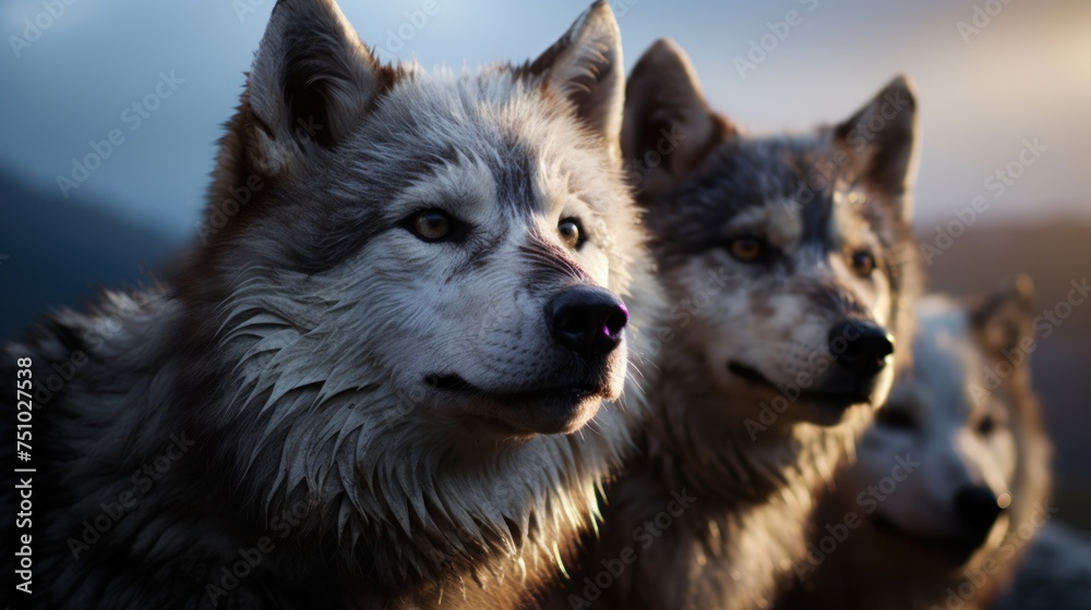 a close up of two wolves