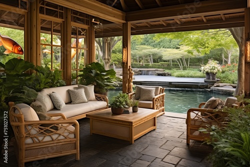 Tranquil Koi Pond Designs at Coastal Lounge with Serene Water Sounds and Rattan Furniture