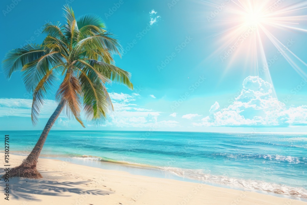 Tropical beach with a lone palm tree and clear blue water under a bright sun, illustrating paradise and relaxation. Concept of travel, vacation, and tropical getaway.

