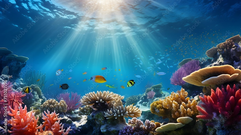 Fototapeta premium Coral reef and fish. Underwater panoramic view.