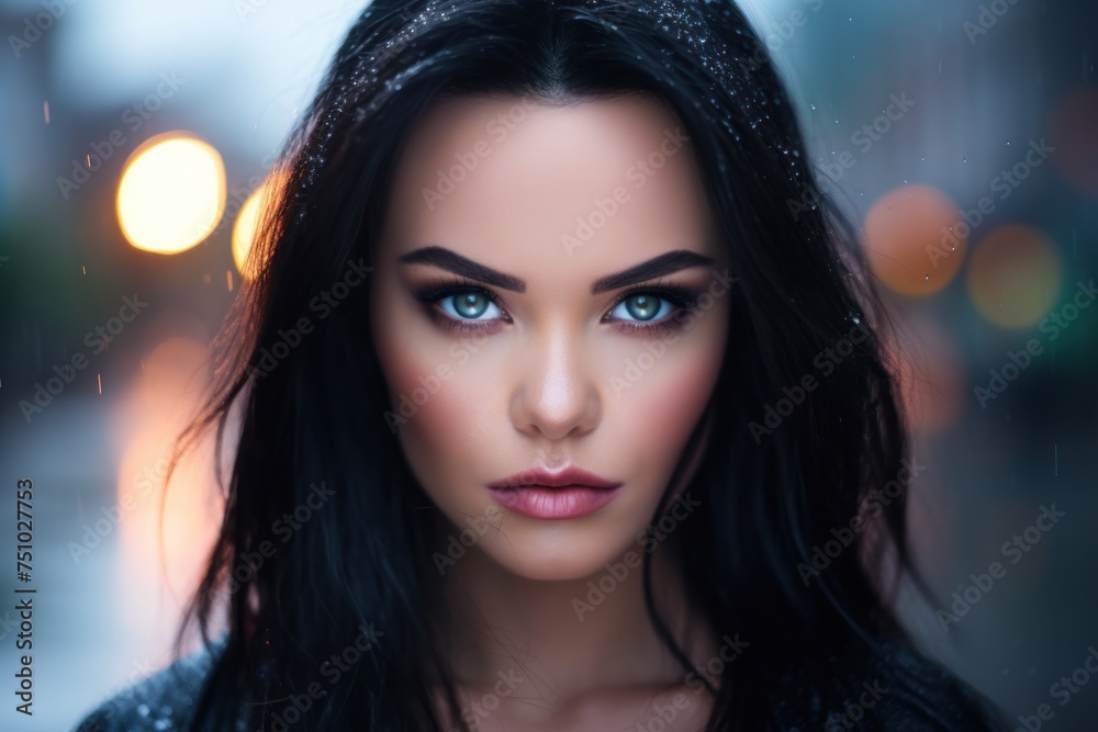 a woman with long black hair and blue eyes a woman with long black hair and blue eyes