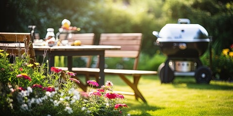 summer time in backyard garden with grill BBQ, wooden table, blurred background