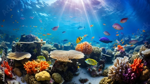 Underwater panoramic view of the coral reef and tropical fish