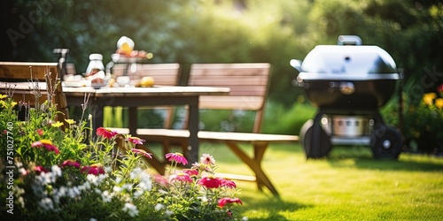summer time in backyard garden with grill BBQ, wooden table, blurred background photo