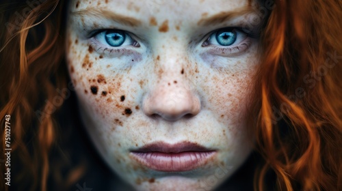 a close up of a woman with freckles and blue eyes