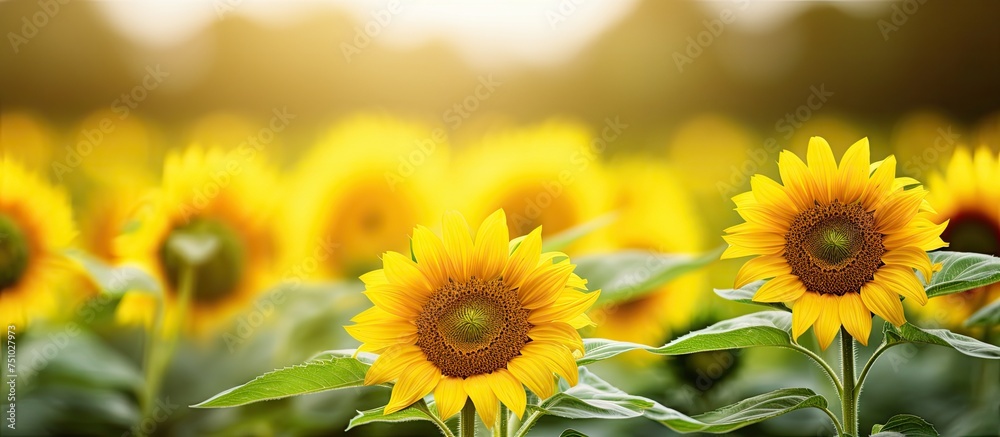 A vast field of bright sunflowers stretches out under the clear blue sky, with the sun shining in the background. Each sunflower is facing towards the sun, following its path across the sky.