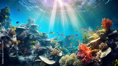 Underwater panorama of coral reef with fishes and rays of sunlight