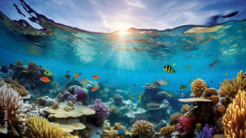 Underwater panoramic view of coral reef and tropical fish. photo