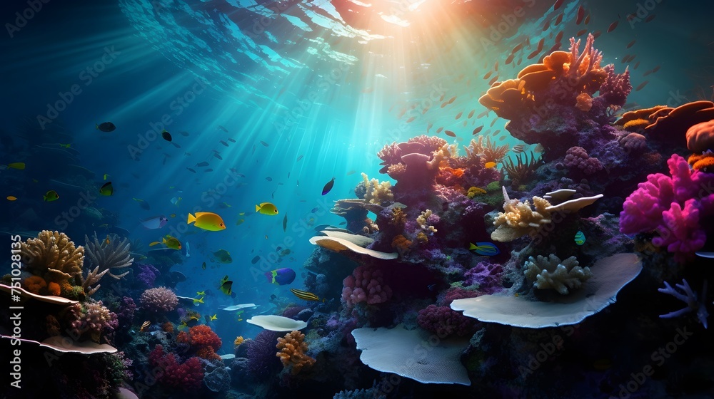 Underwater panorama of coral reef with fishes and blue sky.