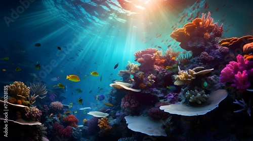 Underwater panorama of coral reef with fishes and blue sky.