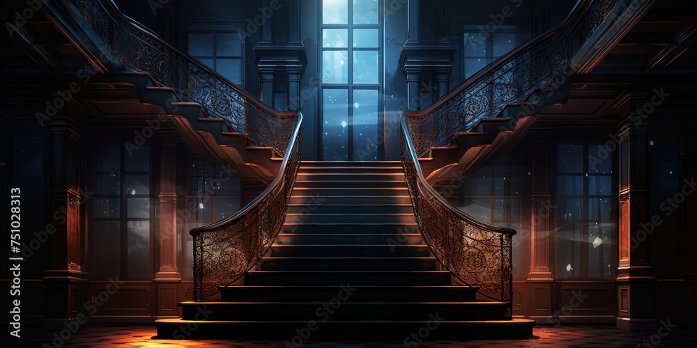 As i ascended the dark stairs, the glowing windows beckoned me upwards, a warm handrail guiding my way through the looming building and its ethereal - obrazy, fototapety, plakaty 