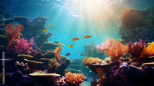 Underwater panoramic view of coral reef with fishes and sunlight