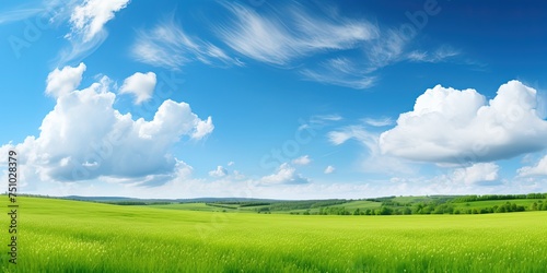 Beautiful grassy fields and summer blue sky with fluffy white clouds in the wind. Wide format