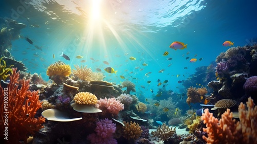 Underwater panoramic view of the coral reef and tropical fish.