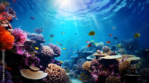 Beautiful underwater world with corals and tropical fish. Panorama © Iman