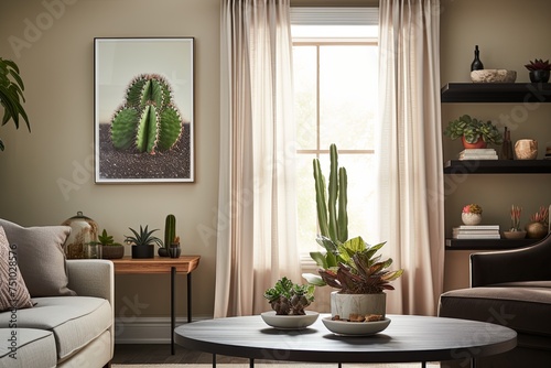 Luxurious Living Room  Cactus and Succulent Displays with Classic Curtain Details   Elegant Coffee Table