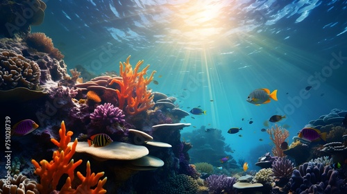 Underwater panorama of coral reef with tropical fish and sunlight. © Iman
