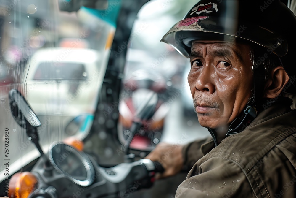 an Indonesian men working as online motorcycle taxi drivers - obrazy, fototapety, plakaty 