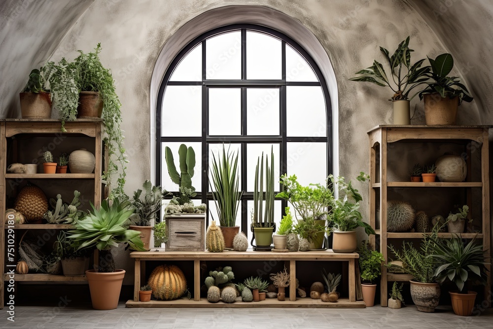 Urban Oasis: Loft Apartment with Cactus and Succulent Displays by Arched Window and Stucco Wall