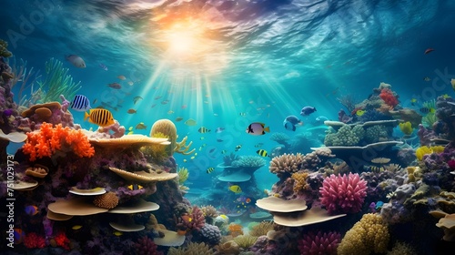 Beautiful underwater world with corals and tropical fish. Panorama