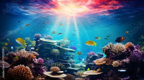 Underwater panorama of beautiful coral reef with fishes and tropical fish