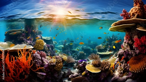 Underwater panorama of coral reef with fish and sunlight. Underwater world.