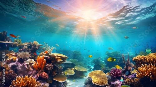 Underwater panorama of coral reef with fishes and corals at sunset