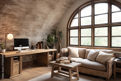 Reclaimed Wood Desks Loft Room with Beige Sofa and Arched Window View