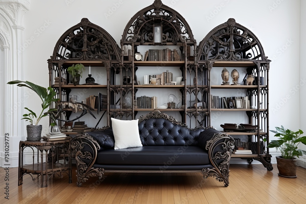 Ornate Ironwork Structures: Lounge Elegance with Ironwork Details on White Wall