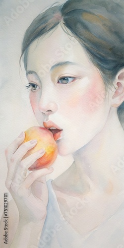 a girl eats a peach, watercolor paints, abstract drawing