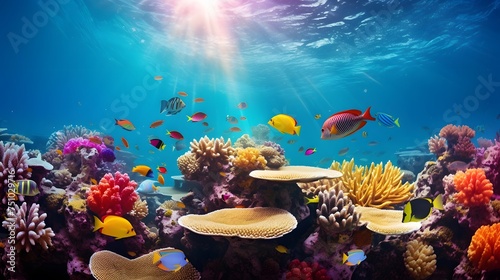 Underwater panoramic view of coral reef with tropical fish. © Iman