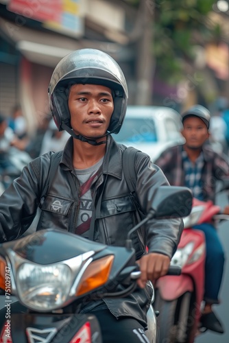 an Indonesian men working as online motorcycle taxi drivers