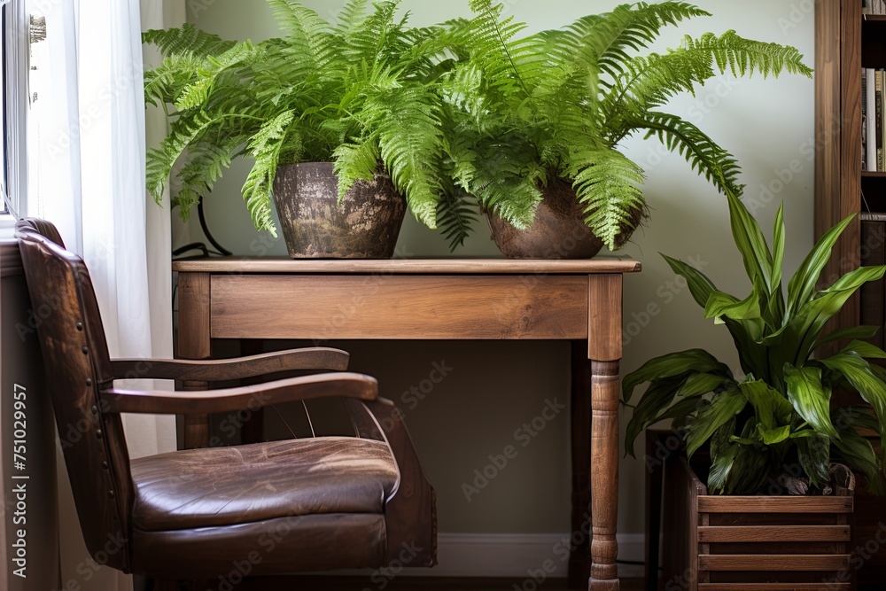Obraz premium Lush Fern and Orchid Home Office Display on Reclaimed Wood Desk with Leather Chair